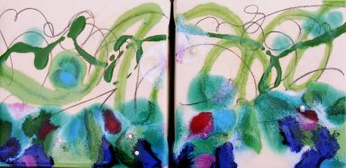 Two ceramic wall art in celadon, turquoise, purple, cobalt, and magenta glazes.  Black ceramic pencil lines show cursive lines.